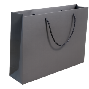 Juodas popierinis maišelis su virvelinėm rankenėlėm